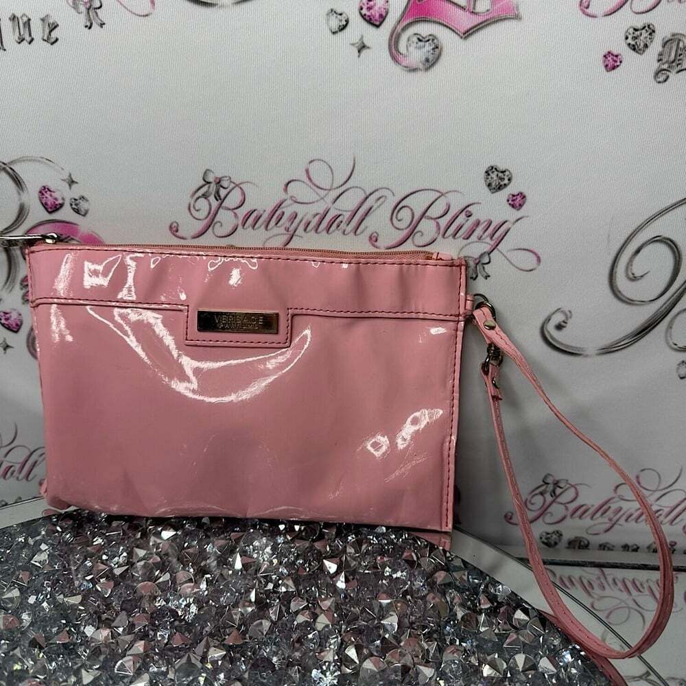 Versace clutch bag parfum zipper handle shiny pink silver logo purse wallet bag